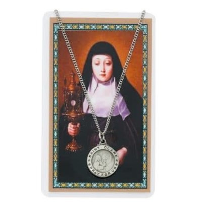 St. Clare Laminated Prayer Card with Pewter Medal, includes 24" Chain