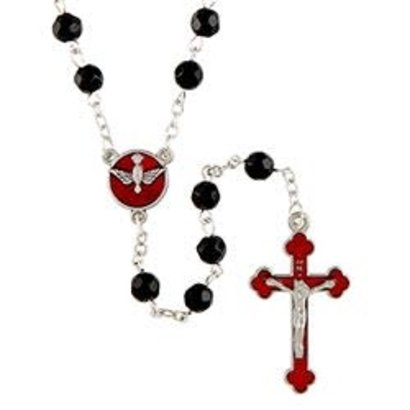 Confirmation Rosary Jet Black crystal beads - Enamel Plated Holy Spirit Medal Center Piece.