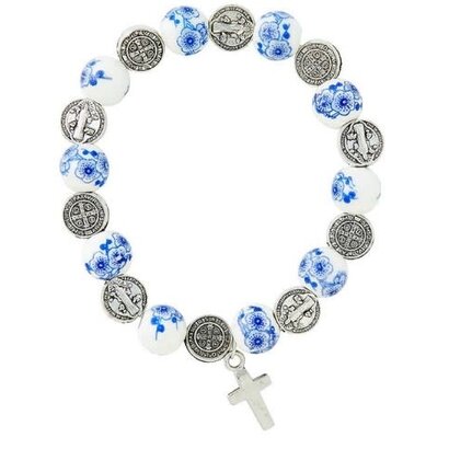 St. Benedict Blue Floral Bead Rosary Bracelet