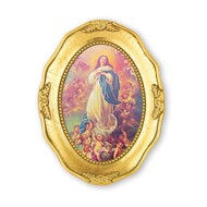 Immaculate Conception Print, Gold Leaf Oval Frame  3 1/2" x 4 1/2"