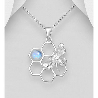Sterling Honeycomb Pendant Necklace with Rainbow Moonstone