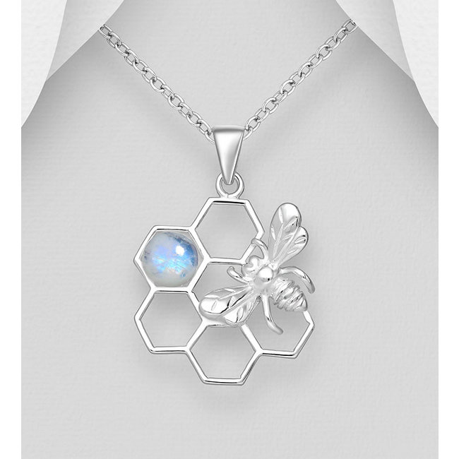 Sterling Honeycomb Pendant Necklace with Rainbow Moonstone