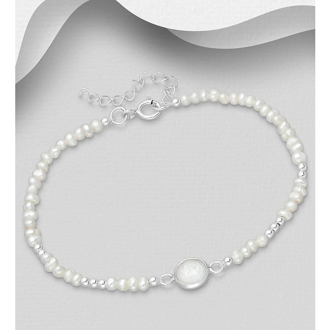 Sterling Sterling Silver Bracelet- Freshwater Pearls & Framed Moonstone