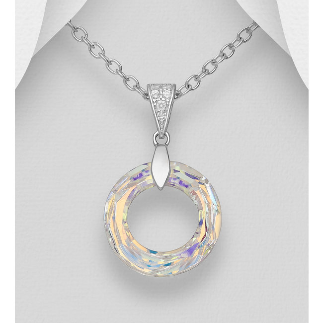 Sterling Necklace- Austrian Crystal Circle  Aurore Boreale