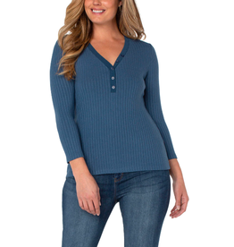 Liverpool 3/4 Sleeve Button Front Rib Knit Henly Top