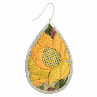 Zad Yellow Floral Embroidered Silver Teardrop Earring