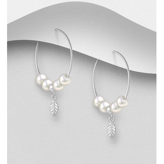 Sterling Silver Hoop Earrings with Freshwater Pearl Beads and Silver leaf Charm