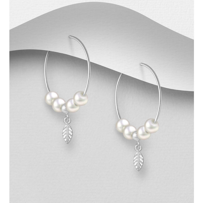 Sterling Silver Hoop Earrings with Freshwater Pearl Beads and Silver leaf Charm