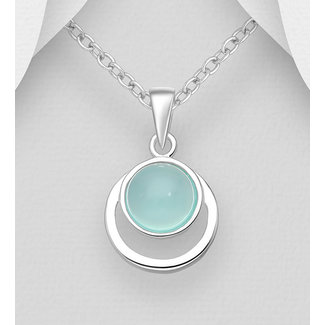 Sterling Silver Circle Pendant Necklace W/Sky Blue Chalcedony