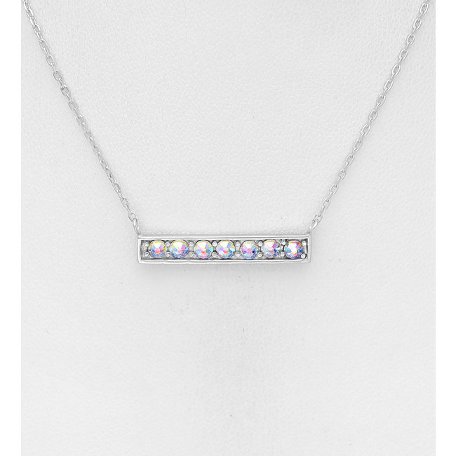 Sterling Silver Bar Necklace w/Aurore Boreale Austrian Crystal