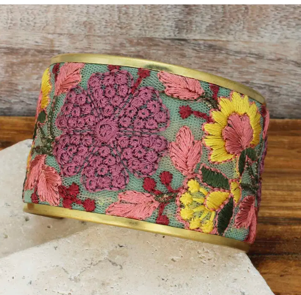 Mesh Pink Flower Embroidered Elegance Cuff Bracelet Cameron Rose