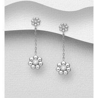 Sterling Drops - Long Silver Flower with Cubic Zirconia
