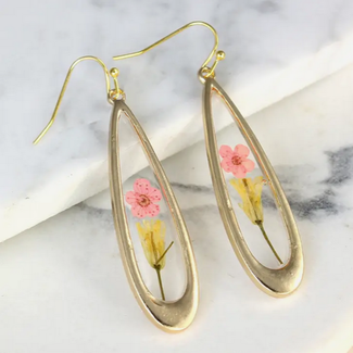 Zad Pink Dried Flower Long Teardrop Gold Earrings