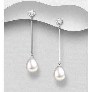 Sterling Drop Earrings - Long with Pearl and Cubic Zirconia