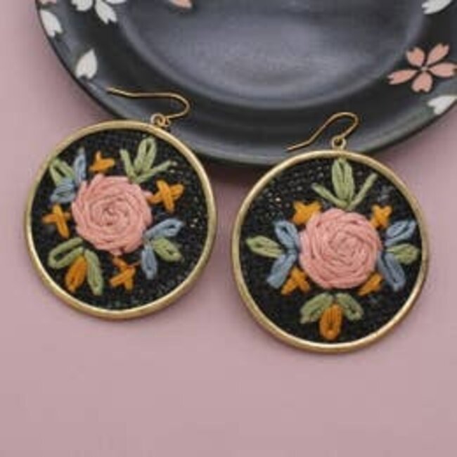Zad Black Floral Cross Stitch  Round Earrings