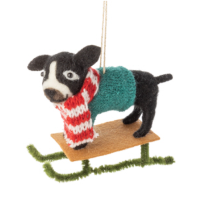 Felt Dog On Sled Ornament - FINAL SALE