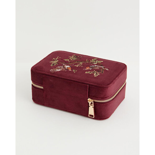 Fable England Robin Love Embroidered Velvet Jewellery Box