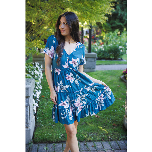 Papillon Lisa - Floral Tiered Dress in Teal