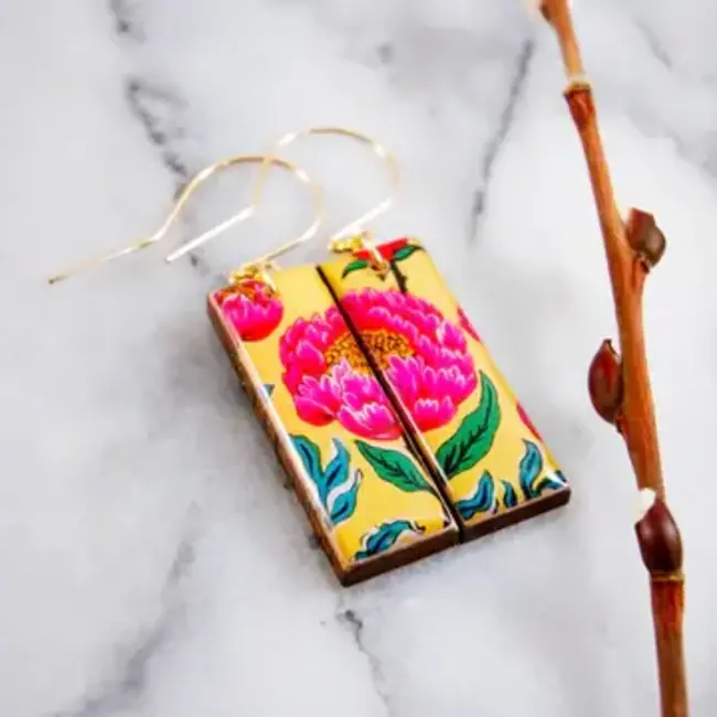 No Man's Land Vibrant Pink + Yellow Peony Rectangle Earrings