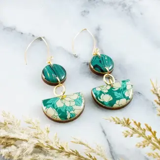 No Man's Land Teal Dogwood Floral Half Circle Stacked Earrings