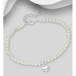 Sterling Silver & Pearl Bracelet w/Heart - 6.5"-7 .5"
