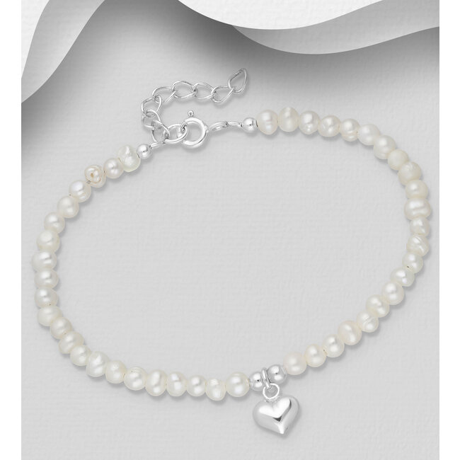 Sterling Silver & Pearl Bracelet w/Heart - 6 1/2"-7 1/2"