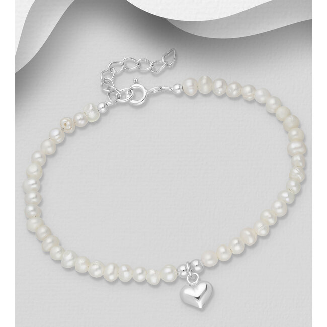 Sterling Silver & Pearl Bracelet w/Heart - 6.5"-7 .5"
