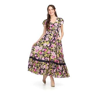 Papillon Emilia- Floral Button Front Maxi in Black and Pink