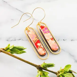 No Man's Land Red Cherry Blossom Brass Loop Earrings
