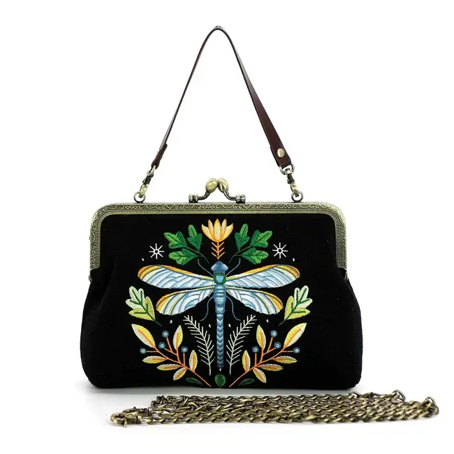 Dragonfly Vintage Kisslock Bag | Black-Linen Blend