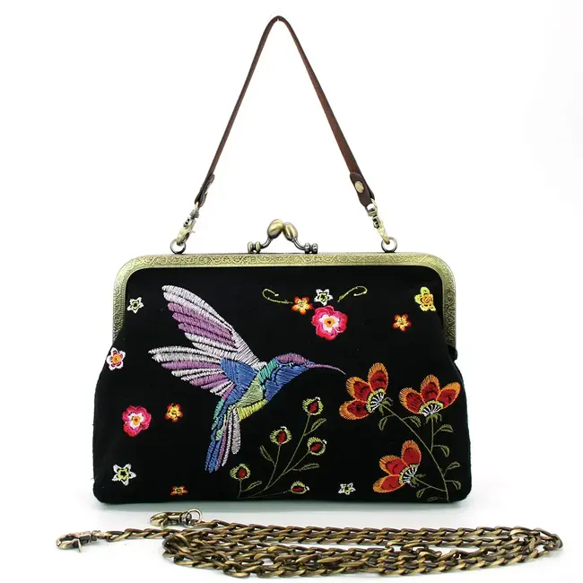 Hummingbird Kisslock Bag - Linen Blend - Black