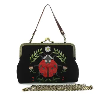 Lady Bug Vintage Kisslock Bag - Black-Linen Blend