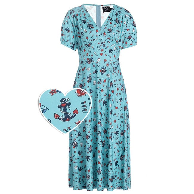 Dolly & Dotty Julia Sky Blue Birds, Hearts and Roses Print Dress