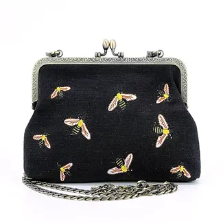 Bees Kisslock Frame Bag in Cotton - Black