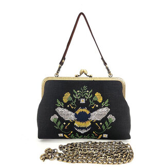 Bee Vintage Kisslock Bag in Linen Blend  Black