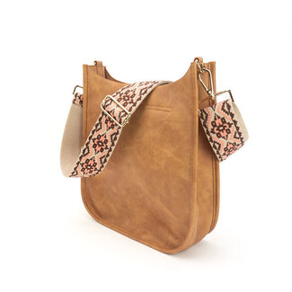 Babs & Birdie The Sailor Zippered Crossbody Bag in Tan with Brown & Apricot Strap