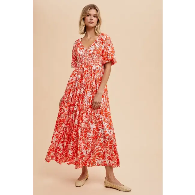 In-Loom Serena - Puff Sleeve Maxi Dress in Coral Red - FINAL SALE