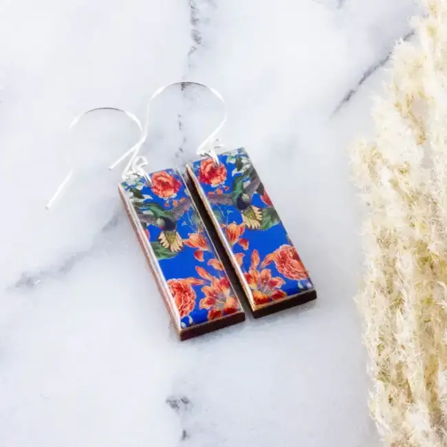 No Man's Land Royal Blue Hummingbird Floral Rectangle Earrings