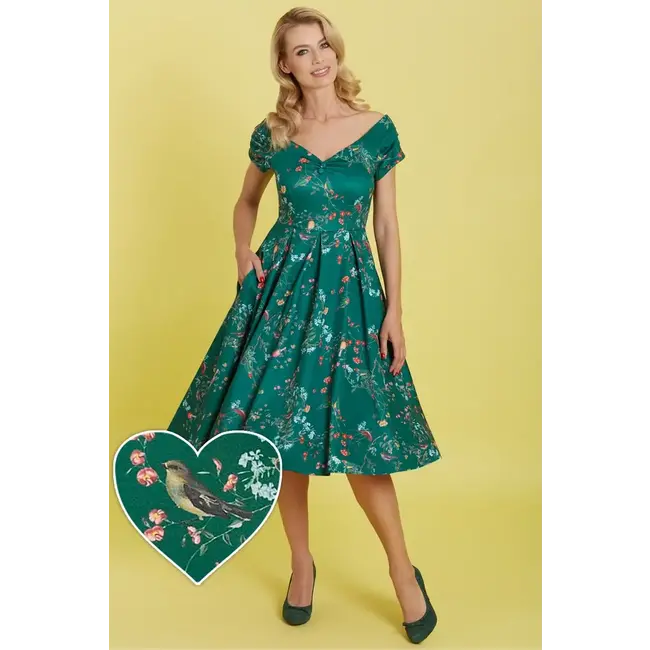 Dolly & Dotty Lily Green Bird Forest Off Shoulder Swing Dress