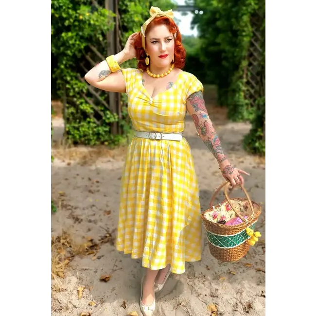 Dolly & Dotty Lily Off Shoulder Yellow Gingham Swing Dress - FINAL SALE