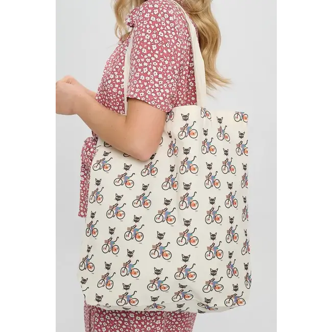 Kittys Riding Bikes Print Tote Bags