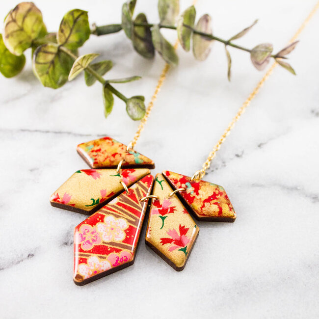 No Man's Land Japanese Geometric Petal Necklace - Red & Gold