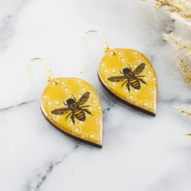 No Man's Land Honeycomb + Bee Leaf Drop Earrings