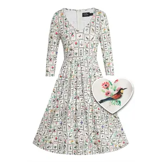 Dolly & Dotty Billie Long Sleeved Dress in Cream Bird Floral Frame Print