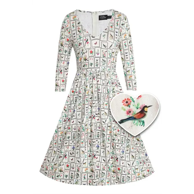 Dolly & Dotty Billie Long Sleeved Dress in Cream Bird Floral Frame Print