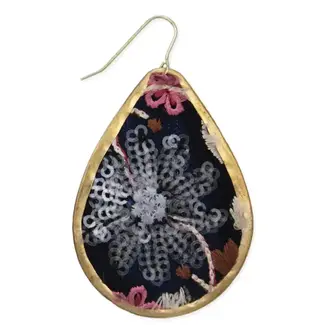 Black & Pink Embroidered Teardrop Earrings