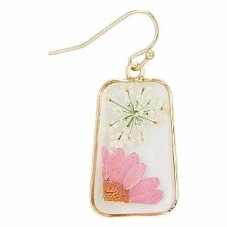 Zad Pink Petals Dried Flower Gold Oblong Earrings