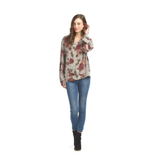 Papillon Janie - Floral V Neck Sweater in Taupe