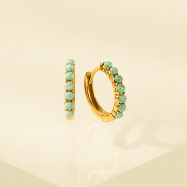 Lover’s Tempo 14 Kt. Gold over Silver - Blue Opal 15mm Huggie Hoops - 15mm.