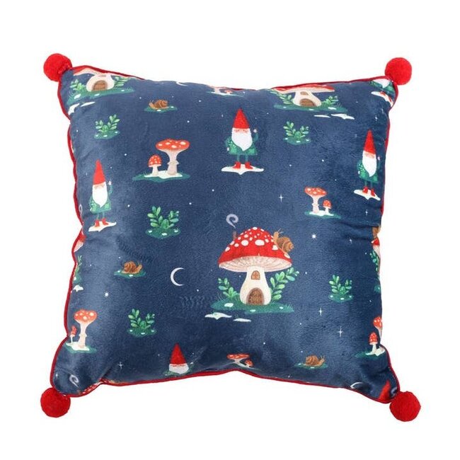 Square Gnome Print Cushion with Pom Poms